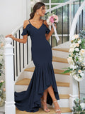 Trumpet/Mermaid Jersey Ruffles V-neck Sleeveless Asymmetrical Bridesmaid Dresses TPP0004937