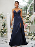 A-Line/Princess Silk like Satin Ruched V-neck Sleeveless Floor-Length Bridesmaid Dresses TPP0004934