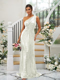 Sheath/Column Sequins Ruched One-Shoulder Sleeveless Sweep/Brush Train Bridesmaid Dresses TPP0004900