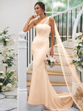 Sheath/Column Stretch Crepe Ruched One-Shoulder Sleeveless Sweep/Brush Train Bridesmaid Dresses TPP0004913