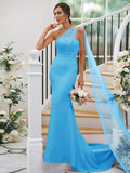 Sheath/Column Stretch Crepe Ruched One-Shoulder Sleeveless Sweep/Brush Train Bridesmaid Dresses TPP0004913