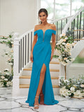 Sheath/Column Stretch Crepe Ruched Off-the-Shoulder Sleeveless Sweep/Brush Train Bridesmaid Dresses TPP0004926