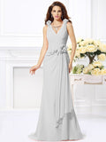 Trumpet/Mermaid V-neck Hand-Made Flower Sleeveless Long Chiffon Bridesmaid Dresses TPP0005122