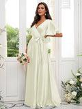 A-Line/Princess Silk like Satin Sash/Ribbon/Belt V-neck Short Sleeves Floor-Length Bridesmaid Dresses TPP0004897