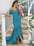 Trumpet/Mermaid Jersey Ruffles V-neck Sleeveless Asymmetrical Bridesmaid Dresses TPP0004937