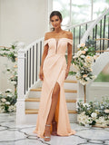 Sheath/Column Stretch Crepe Ruched Off-the-Shoulder Sleeveless Sweep/Brush Train Bridesmaid Dresses TPP0004926