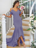 Trumpet/Mermaid Jersey Ruffles V-neck Sleeveless Asymmetrical Bridesmaid Dresses TPP0004937