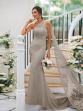 Sheath/Column Stretch Crepe Ruched One-Shoulder Sleeveless Sweep/Brush Train Bridesmaid Dresses TPP0004913