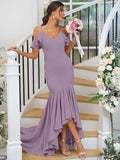 Trumpet/Mermaid Jersey Ruffles V-neck Sleeveless Asymmetrical Bridesmaid Dresses TPP0004937