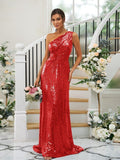 Sheath/Column Sequins Ruched One-Shoulder Sleeveless Sweep/Brush Train Bridesmaid Dresses TPP0004900