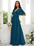 A-Line/Princess Silk like Satin Sash/Ribbon/Belt V-neck Short Sleeves Floor-Length Bridesmaid Dresses TPP0004897