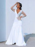 Trumpet/Mermaid V-neck Long Sleeves Satin Beading Court Train Dresses TPP0001776