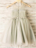 A-line/Princess Scoop Sleeveless Beading Tea-Length Tulle Flower Girl Dresses TPP0007663