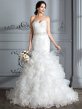 Trumpet/Mermaid Sweetheart Sleeveless Ruffle Sweep/Brush Train Satin Wedding Dresses TPP0006209