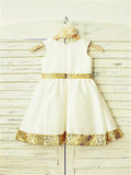 A-line/Princess Scoop Sleeveless Sequin Tea-Length Satin Flower Girl Dresses TPP0007738