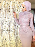 Trumpet/Mermaid Long Sleeves Scoop Sweep/Brush Train Applique Silk like Satin Muslim Dresses TPP0003143