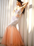 Trumpet/Mermaid V-neck Sleeveless Tulle Floor-Length Sequin Dresses TPP0001956