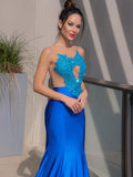 Trumpet/Mermaid Applique Satin Scoop Sleeveless Sweep/Brush Train Dresses TPP0004429