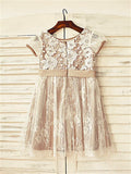 A-line/Princess Scoop Short Sleeves Hand-made Flower Tea-Length Lace Flower Girl Dresses TPP0007728