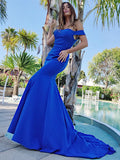 Trumpet/Mermaid Satin Ruffles Sleeveless Off-the-Shoulder Sweep/Brush Train Dresses TPP0001478