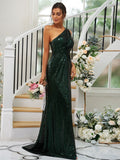 Sheath/Column Sequins Ruched One-Shoulder Sleeveless Sweep/Brush Train Bridesmaid Dresses TPP0004900