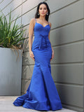 Trumpet/Mermaid Satin Ruffles Spaghetti Straps Sleeveless Sweep/Brush Train Dresses TPP0001683