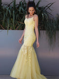 Trumpet/Mermaid Tulle Applique Spaghetti Straps Sleeveless Sweep/Brush Train Dresses TPP0001549