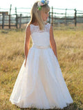 A-Line/Princess Sleeveless Scoop Floor-Length Sash/Ribbon/Belt Lace Flower Girl Dresses TPP0007696