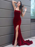 Sheath/Column Velvet Ruched Spaghetti Straps Sleeveless Sweep/Brush Train Dresses TPP0001639