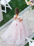 Ball Gown Sleeveless Spaghetti Straps Sweep/Brush Train Applique Tulle Flower Girl Dresses TPP0007647