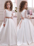 Ball Gown V-neck Long Sleeves Lace Floor-Length Satin Flower Girl Dresses TPP0007590