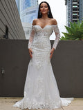 Trumpet/Mermaid Tulle Applique Off-the-Shoulder Long Sleeves Sweep/Brush Train Wedding Dresses TPP0006069