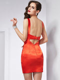 Sheath/Column V-neck Sleeveless Beading Short Elastic Woven Satin Homecoming Dresses TPP0008977