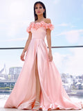 A-Line/Princess Satin Off-the-Shoulder Sleeveless Hand-Made Flower Sweep/Brush Train Dresses TPP0001505