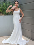 Sheath/Column Stretch Crepe Ruffles Straps Sleeveless Sweep/Brush Train Wedding Dresses TPP0007023