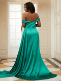 Sheath/Column Silk like Satin Ruffles Off-the-Shoulder Sleeveless Sweep/Brush Train Dresses TPP0001406