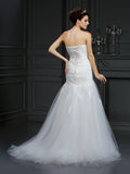 Sheath/Column Strapless Lace Sleeveless Long Satin Wedding Dresses TPP0006827