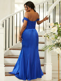 Sheath/Column Silk like Satin Applique Off-the-Shoulder Sleeveless Sweep/Brush Train Bridesmaid Dresses TPP0004990