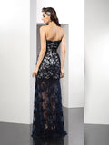 Sheath/Column Sweetheart Lace Sleeveless Long Satin Dresses TPP0009214