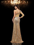 Trumpet/Mermaid One-Shoulder Beading 3/4 Sleeves Long Sequins Dresses TPP0009183