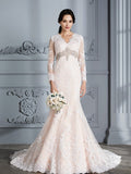 Trumpet/Mermaid V-Neck Beading Long Sleeves Sweep/Brush Train Tulle Wedding Dresses TPP0006655