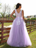 A-Line/Princess Tulle Applique V-neck Sleeveless Floor-Length Dresses TPP0001418