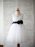 A-line/Princess V-neck Sleeveless Hand-made Flower Tea-Length Tulle Flower Girl Dresses TPP0007694