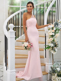 Sheath/Column Stretch Crepe Ruched One-Shoulder Sleeveless Sweep/Brush Train Bridesmaid Dresses TPP0004913