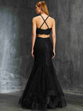 Trumpet/Mermaid Spaghetti Straps Sleeveless Applique Floor-Length Net Two Piece Dresses TPP0002540