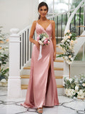 A-Line/Princess Silk like Satin Ruched V-neck Sleeveless Floor-Length Bridesmaid Dresses TPP0004934