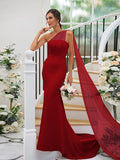 Sheath/Column Stretch Crepe Ruched One-Shoulder Sleeveless Sweep/Brush Train Bridesmaid Dresses TPP0004913