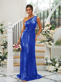 Sheath/Column Sequins Ruched One-Shoulder Sleeveless Sweep/Brush Train Bridesmaid Dresses TPP0004900