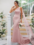 Sheath/Column Stretch Crepe Ruched One-Shoulder Sleeveless Sweep/Brush Train Bridesmaid Dresses TPP0004913