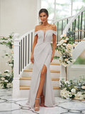 Sheath/Column Stretch Crepe Ruched Off-the-Shoulder Sleeveless Sweep/Brush Train Bridesmaid Dresses TPP0004926